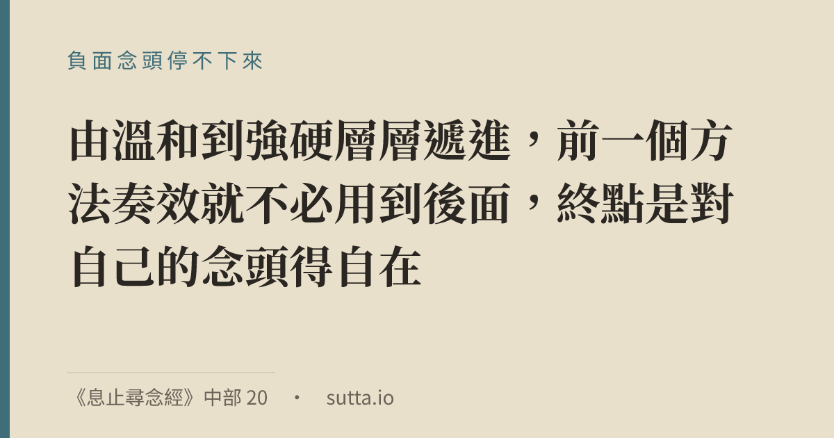 金句：《息止尋念經》（Vitakkasaṇṭhāna Sutta，MN 20）教的「五步驟遞進對治法」：當貪、瞋、癡相關的「惡不善念」（pāpakā akusalā vitakkā）生起時，依序換用五種方法——（1）換上一個善的對象、（2）審視念頭的過患、（3）不念不作意（不去理會）、（4）放緩念頭的推力、（5）咬牙以心制心——由溫和到強硬層層遞進，前一個方法奏效就不必用到後面，終點是對自己的念頭得自在。